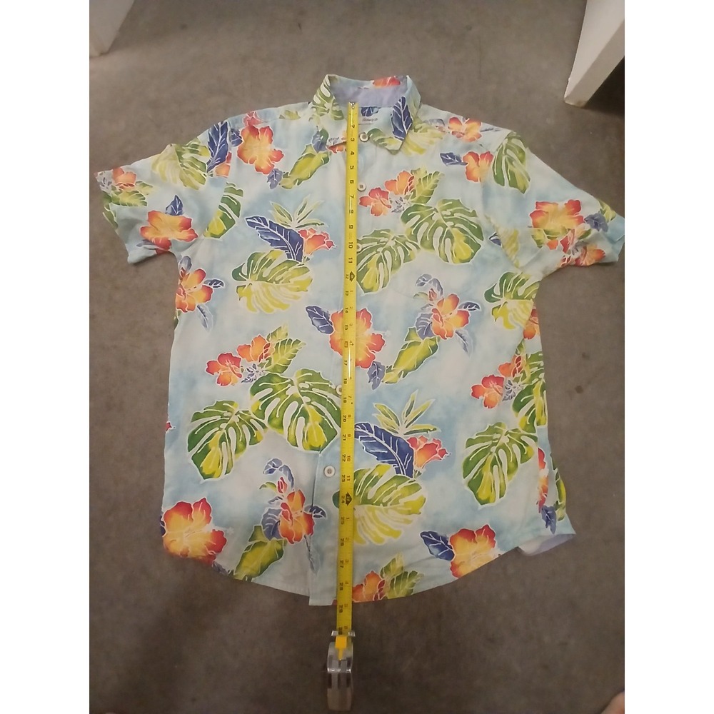 Tommy Bahama Silk Shirt Mens M Hawaiian Botanical Floral Fern Blue Button Up - Picture 3 of 8